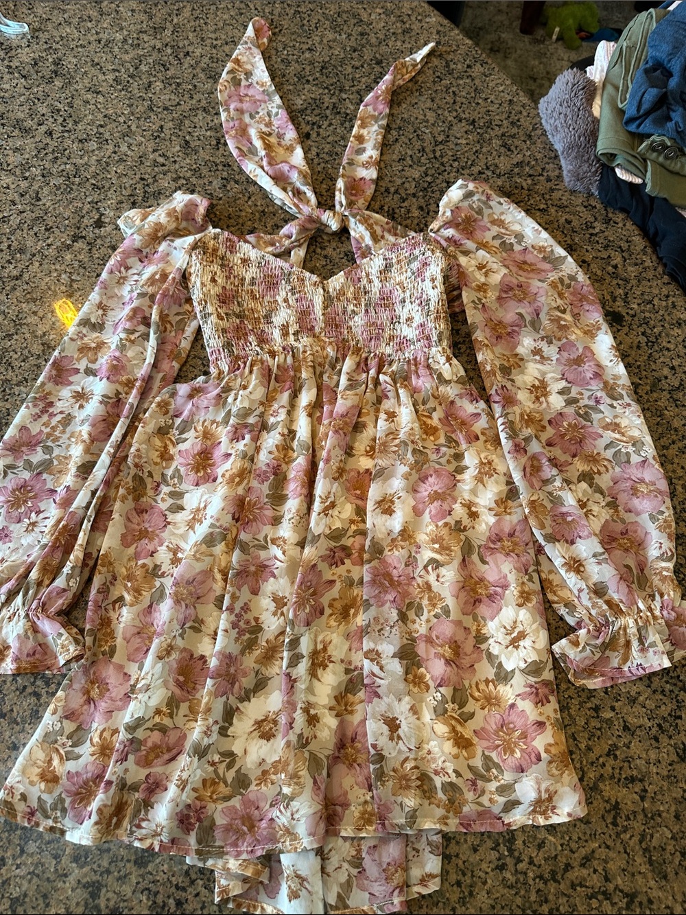 Lovely Day Floral Smocked Peasant Dress  with Tie Halter - Pink & Beige